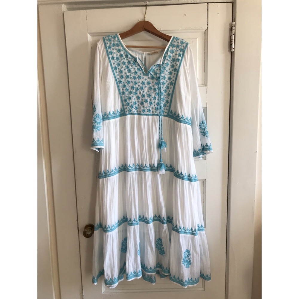 Soft Surroundings Embroidered Gauze Tiered Midi Dress L White/Blue Boho Tassel